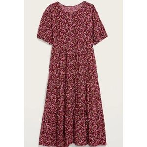 Old Navy Maroon Pink Orange Floral Puff Sleeve Tiered Midi Swing Dress Size XXL